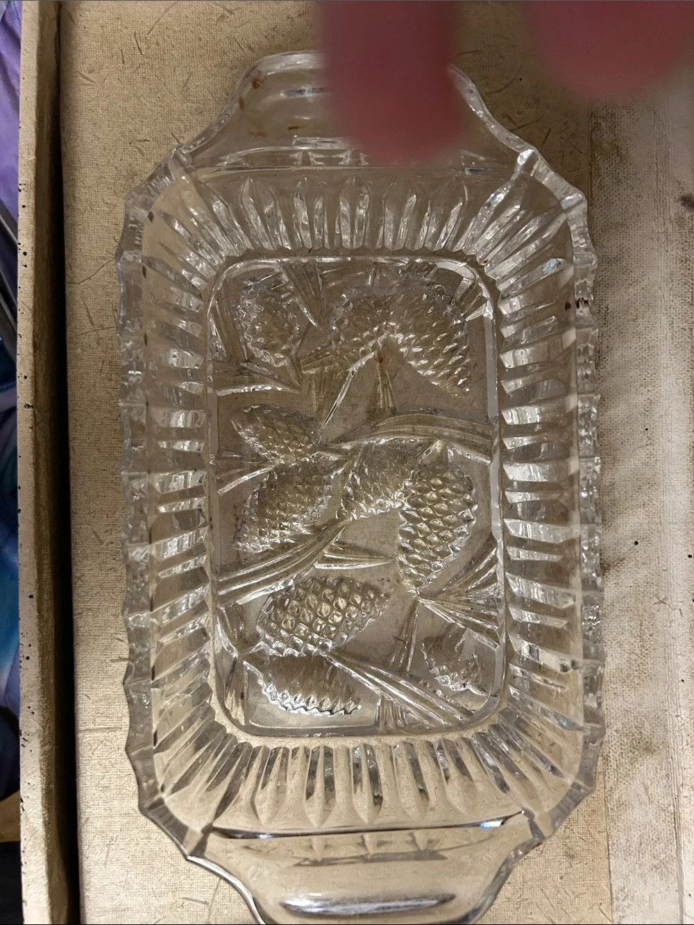 1970’s Russian Clear Rectangular Crystal. Serving tray with handles & Pine Cones